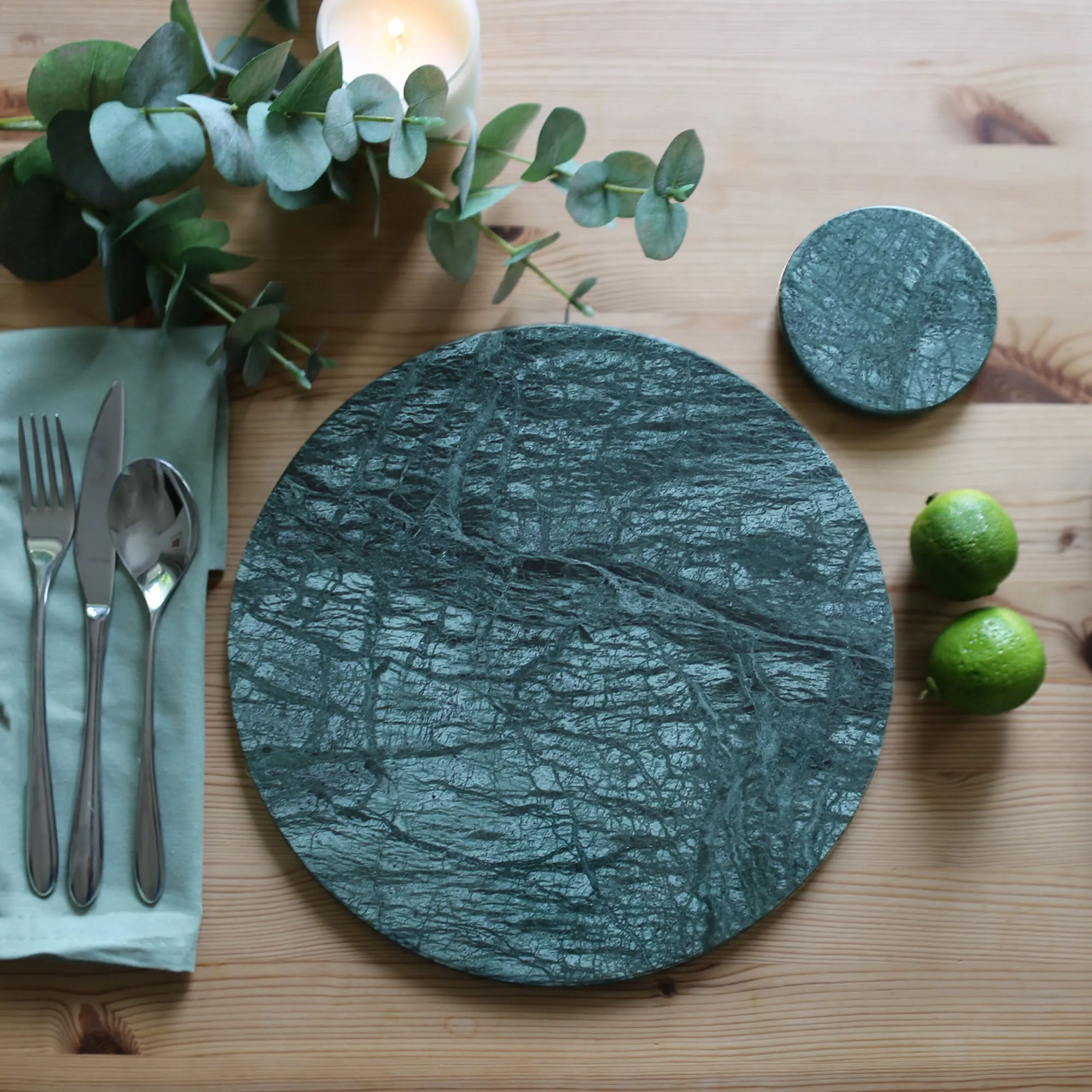 12pc Round Marble Placemats & Round Coasters Set - 30cm - Green - By Argon Tableware