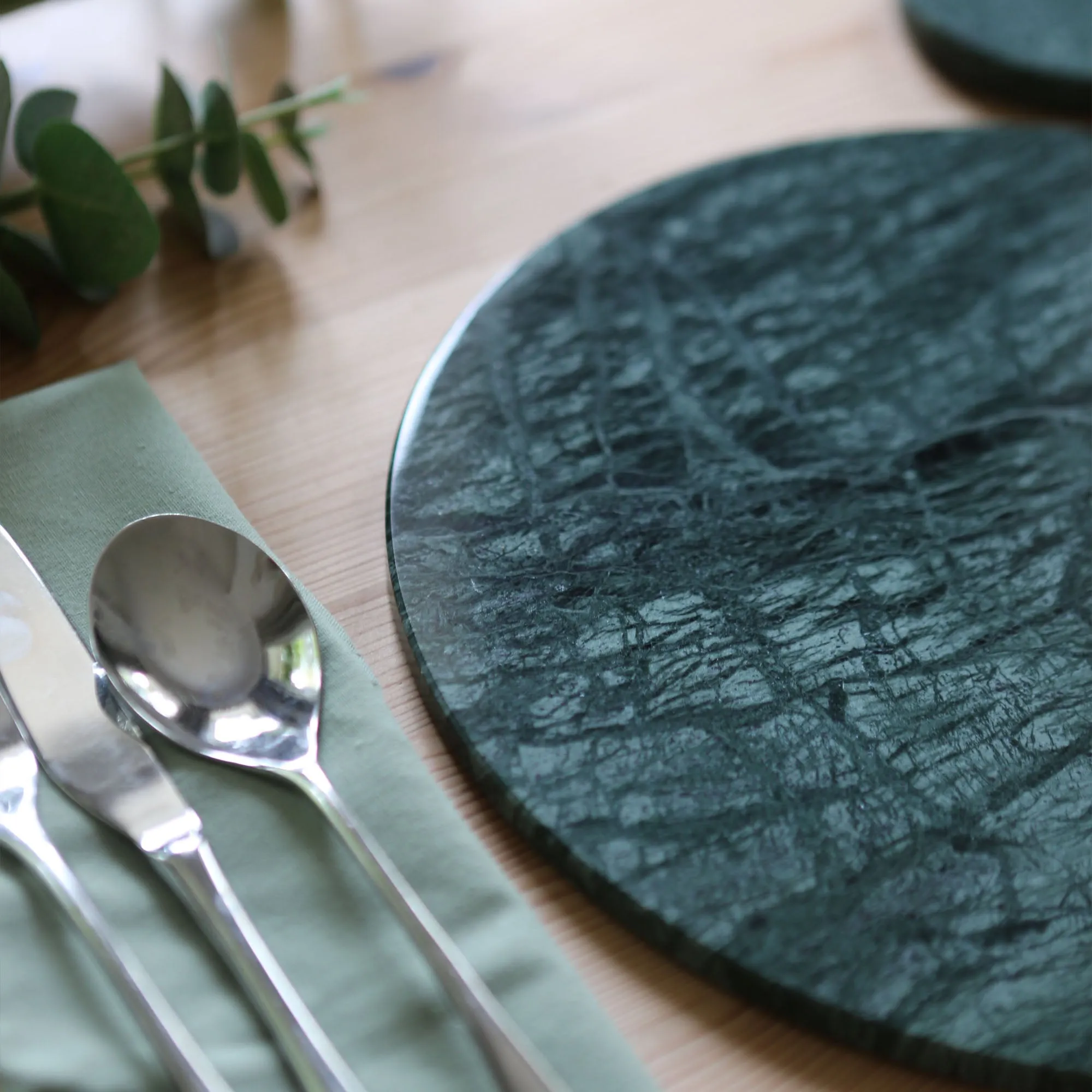 12pc Round Marble Placemats & Round Coasters Set - 30cm - Green - By Argon Tableware