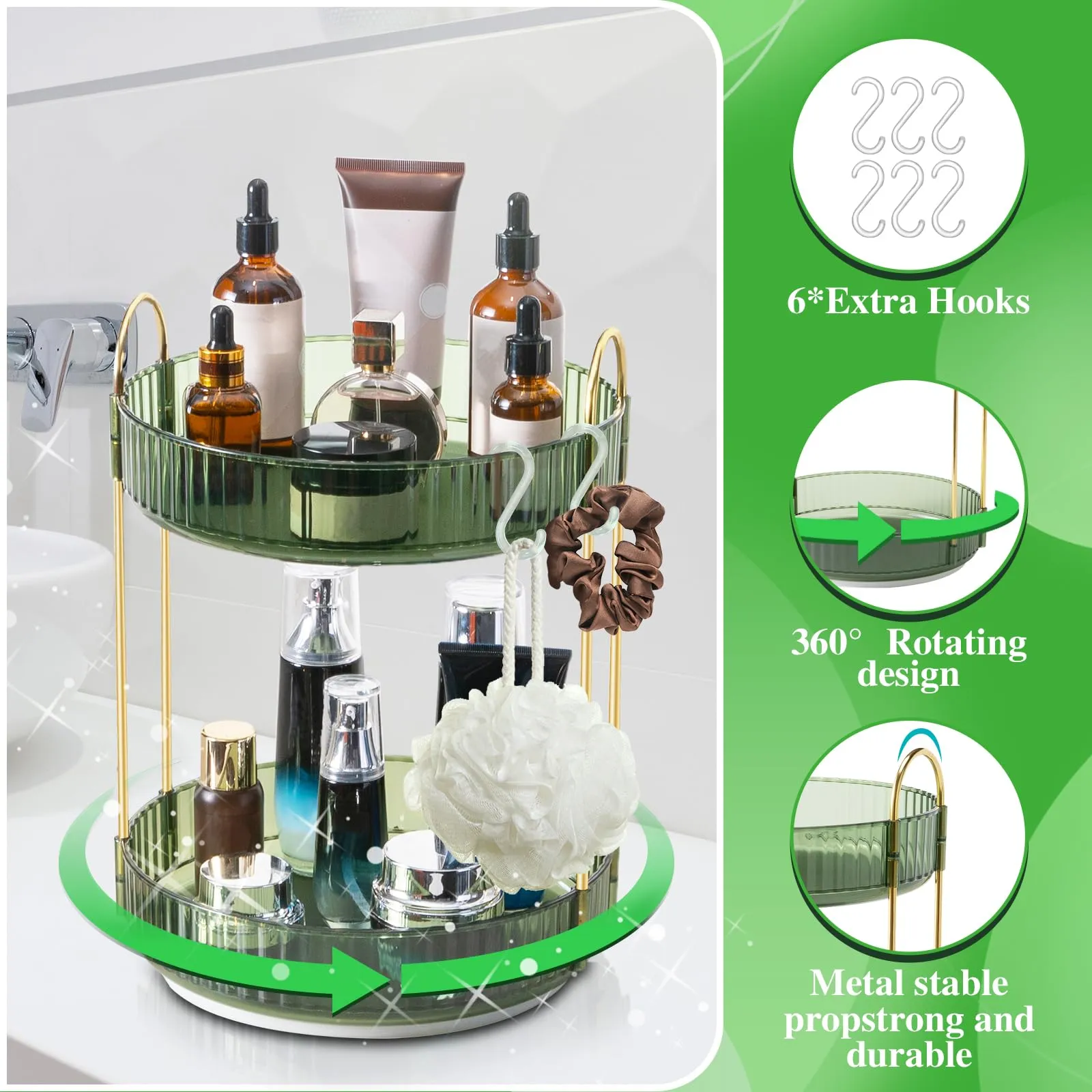 360° Rotating Makeup Organizer for Vanity,Lazy Susan Organizer Large Skincare Make Up Storage Perfume Organizers Cosmetic Dresser Organizer Countertop Organizer with Hooks DIY Stickers for Bathroom