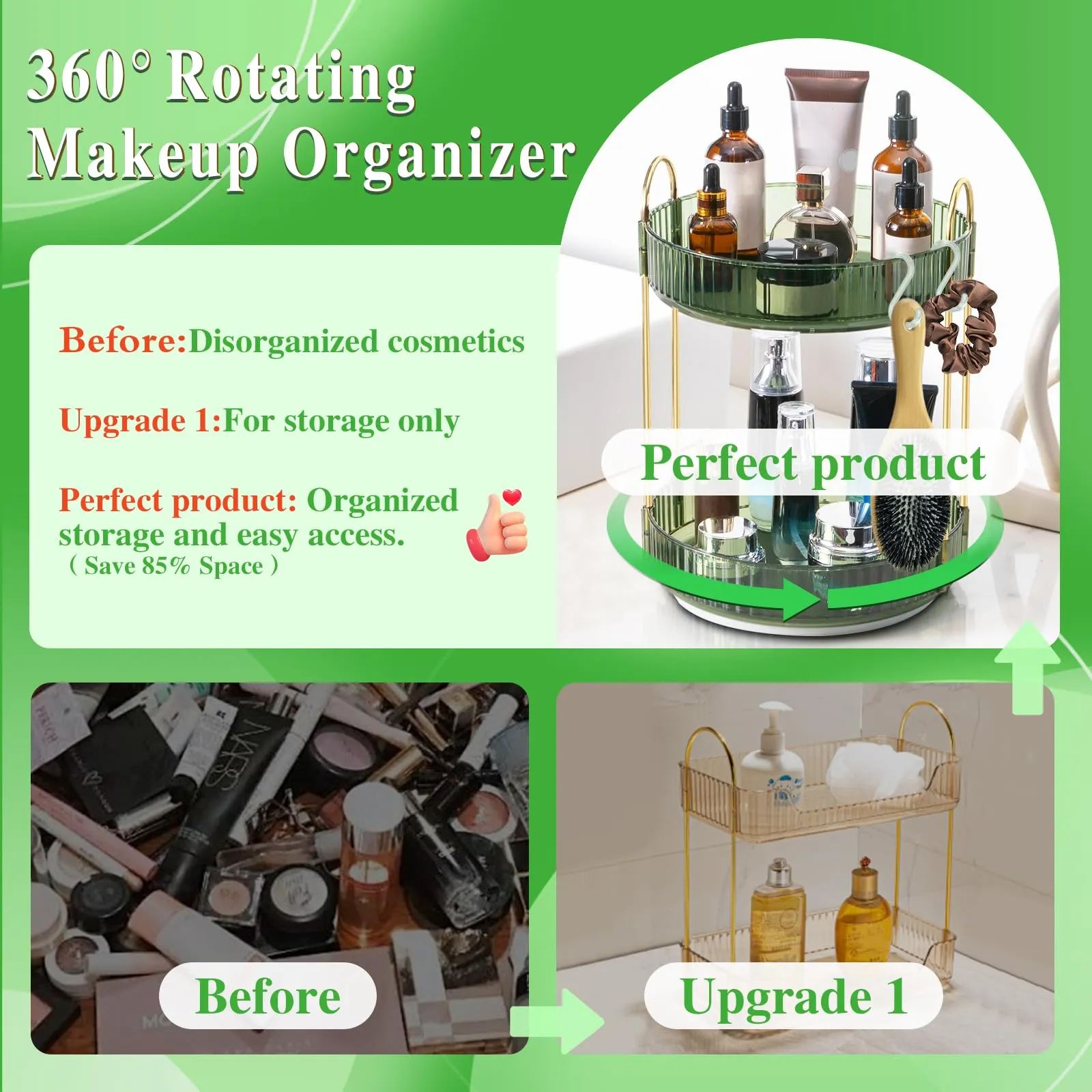 360° Rotating Makeup Organizer for Vanity,Lazy Susan Organizer Large Skincare Make Up Storage Perfume Organizers Cosmetic Dresser Organizer Countertop Organizer with Hooks DIY Stickers for Bathroom