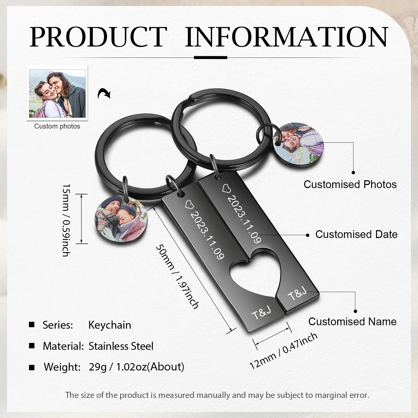 4FunGift® Custom Photo Stainless Steel Couple Keychain