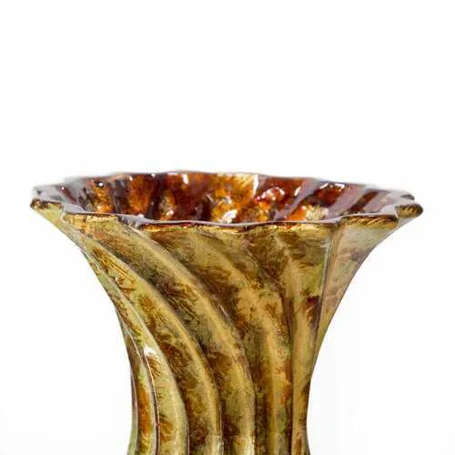 8.25" X 8.25" X 22" Gold Green Red Ceramic Foiled and Lacquered Textured Vase