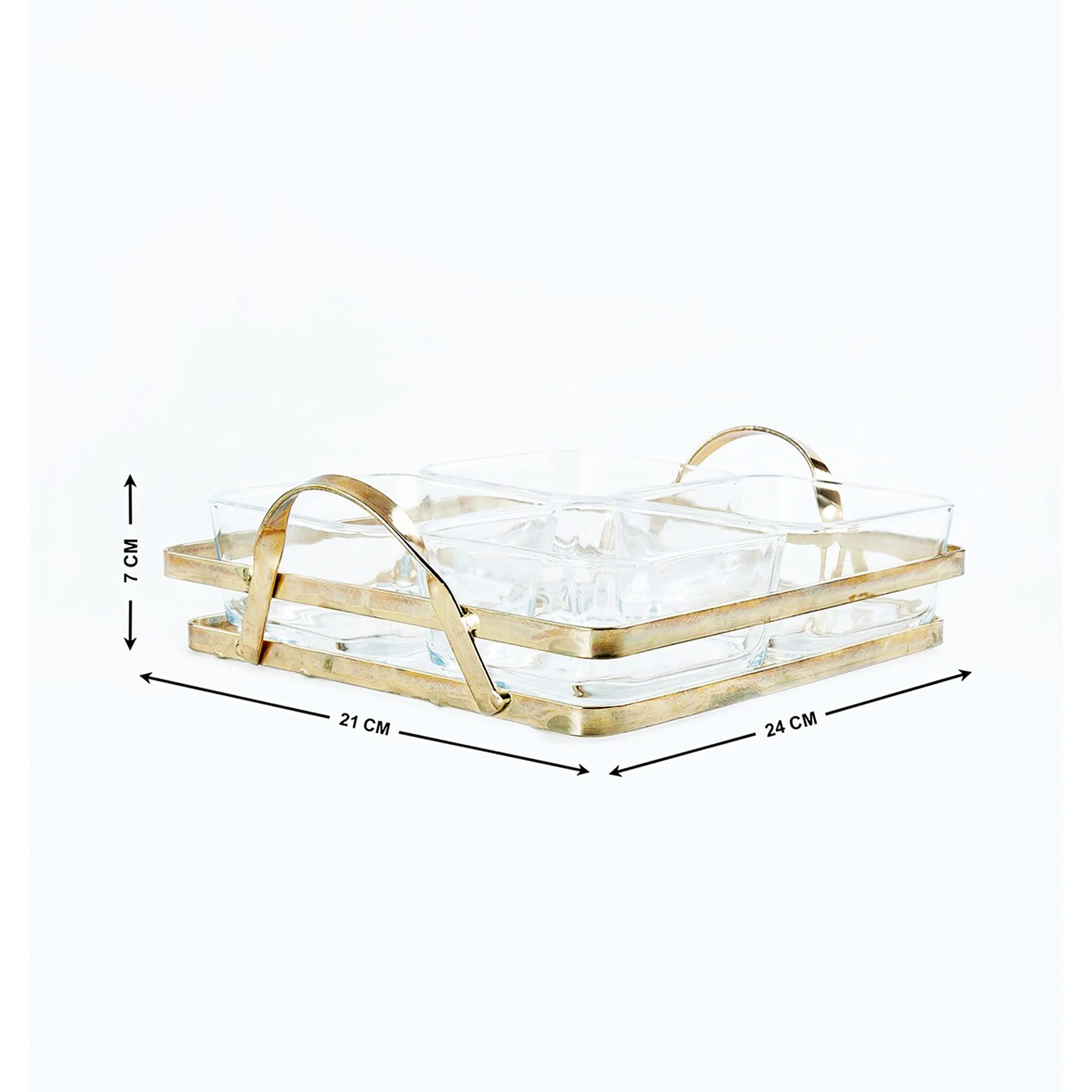 Aqua 4 Piece Glass Snack Bowl Set with Gold Serving Tray Clear