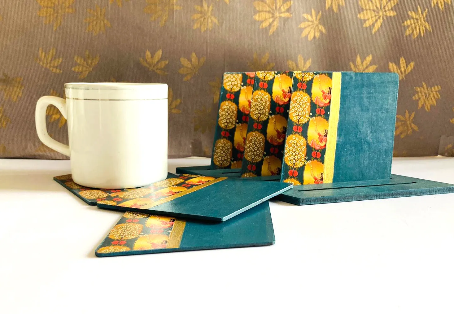 Ashok Vatika Wooden Coasters Set Of 6 With Stand (Teal)(4x4 Inch)