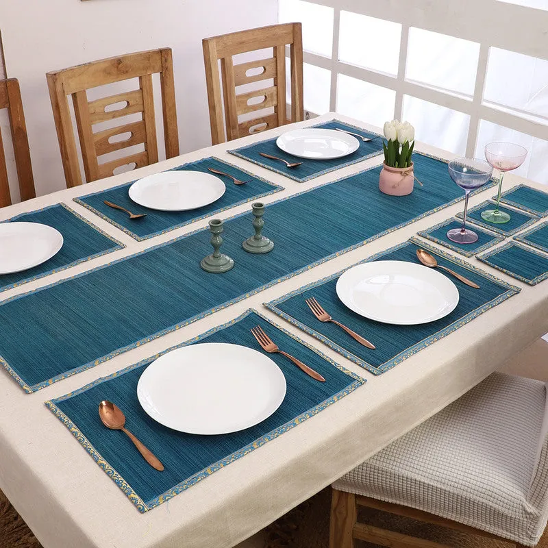 Bamboo Dining Mat Set | Table Runner, Placemats & Coasters | Blue | Set of 13