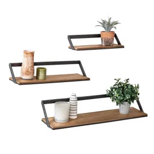 Black/Natural Floating Metal and Wood Wall Shelves (Set of 3)