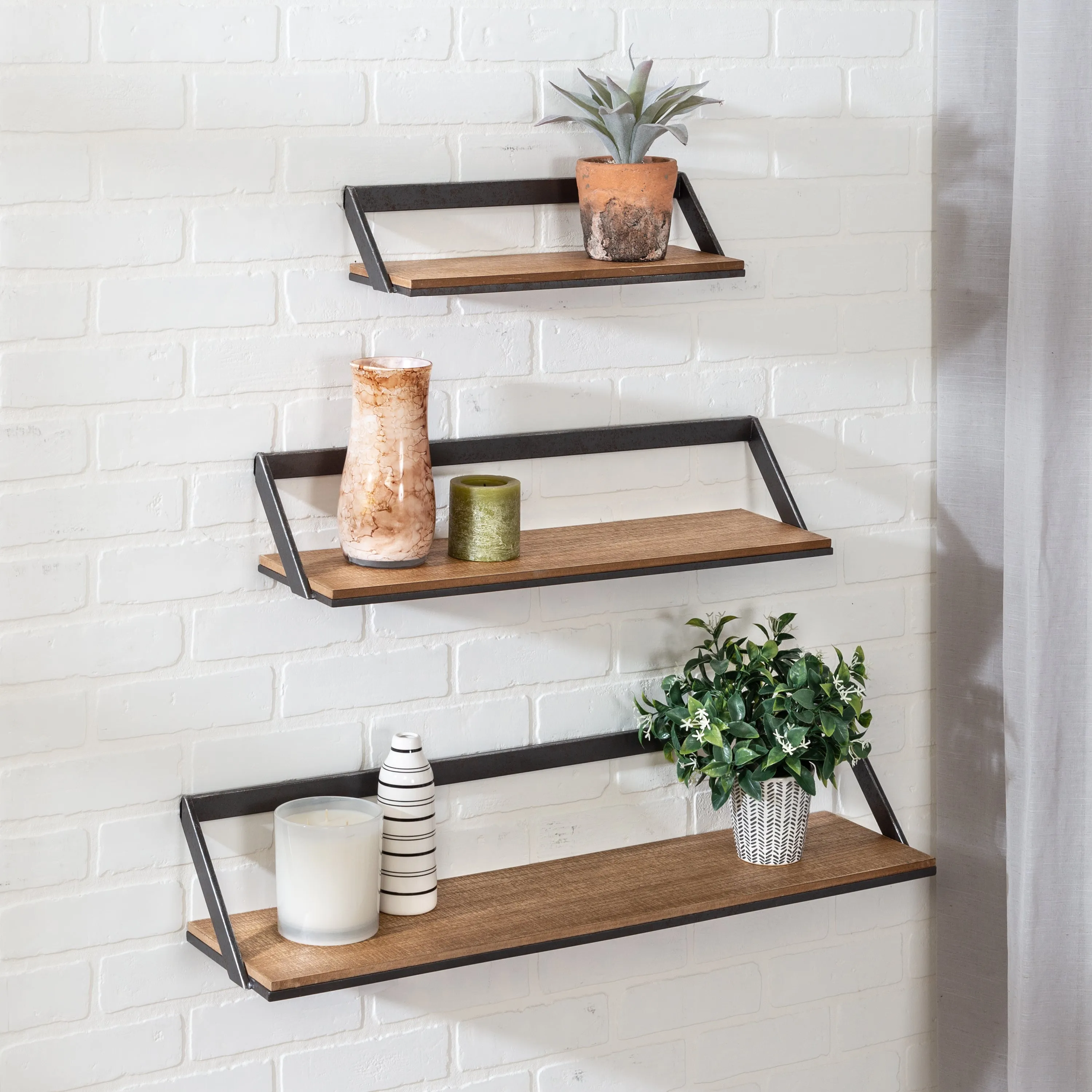 Black/Natural Floating Metal and Wood Wall Shelves (Set of 3)