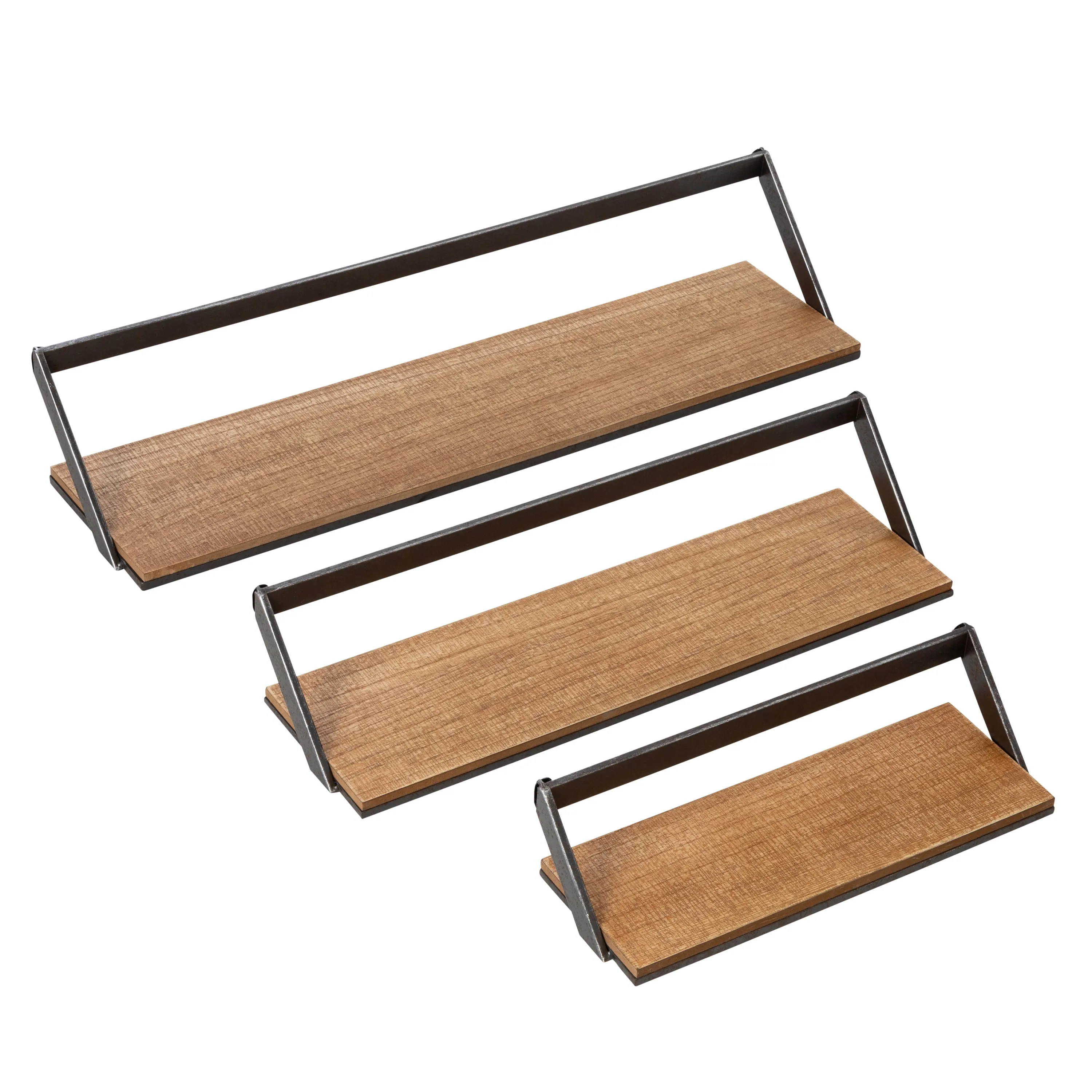 Black/Natural Floating Metal and Wood Wall Shelves (Set of 3)