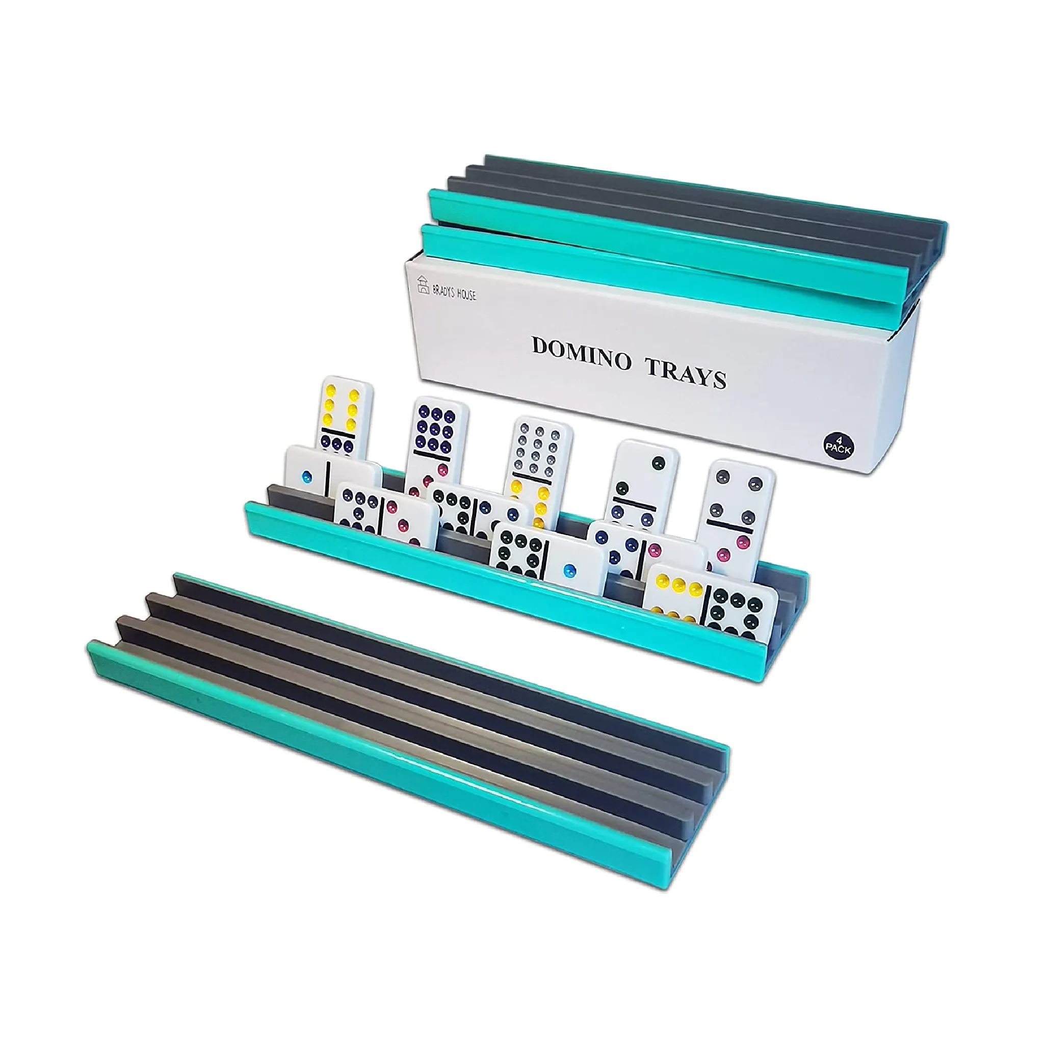 BRADYS HOUSE Two Color Domino Racks Set of 4 Gray Turquoise Domino Trays Plastic Domino Tile Holders for Mexican Train Chickenfoot and Other Domino Games