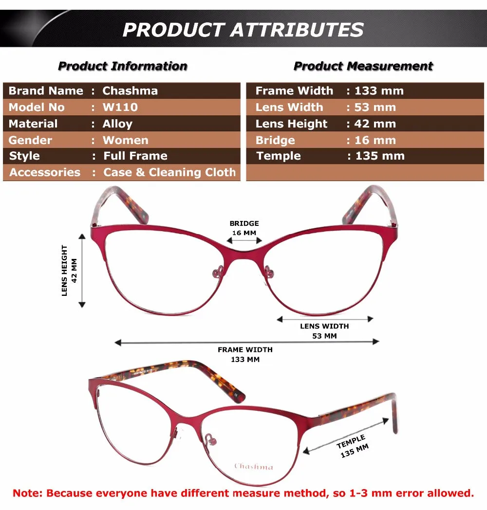 Chashma Brand Women's Frame Glasses Cat Eyes Top Quality W110