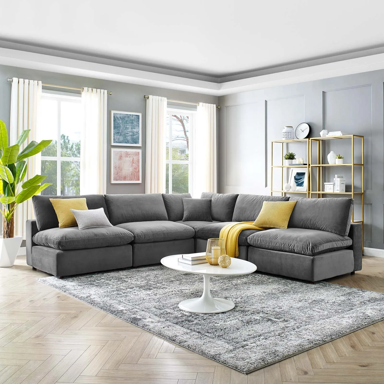 Commix  Down Filled Overstuffed Performance Velvet 5-Piece Sectional Sofa