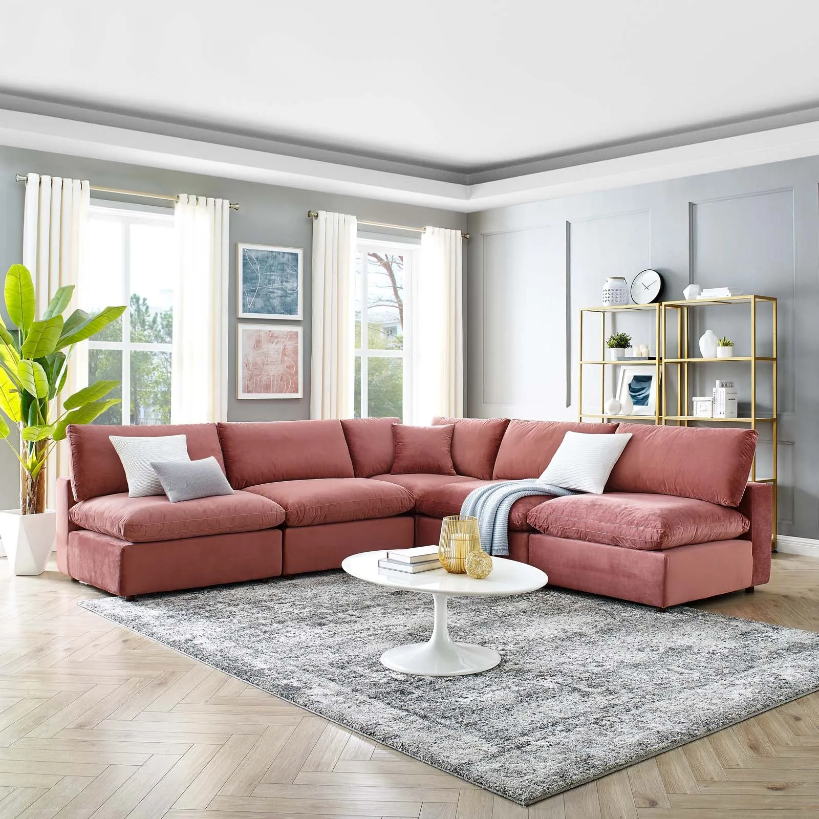 Commix  Down Filled Overstuffed Performance Velvet 5-Piece Sectional Sofa