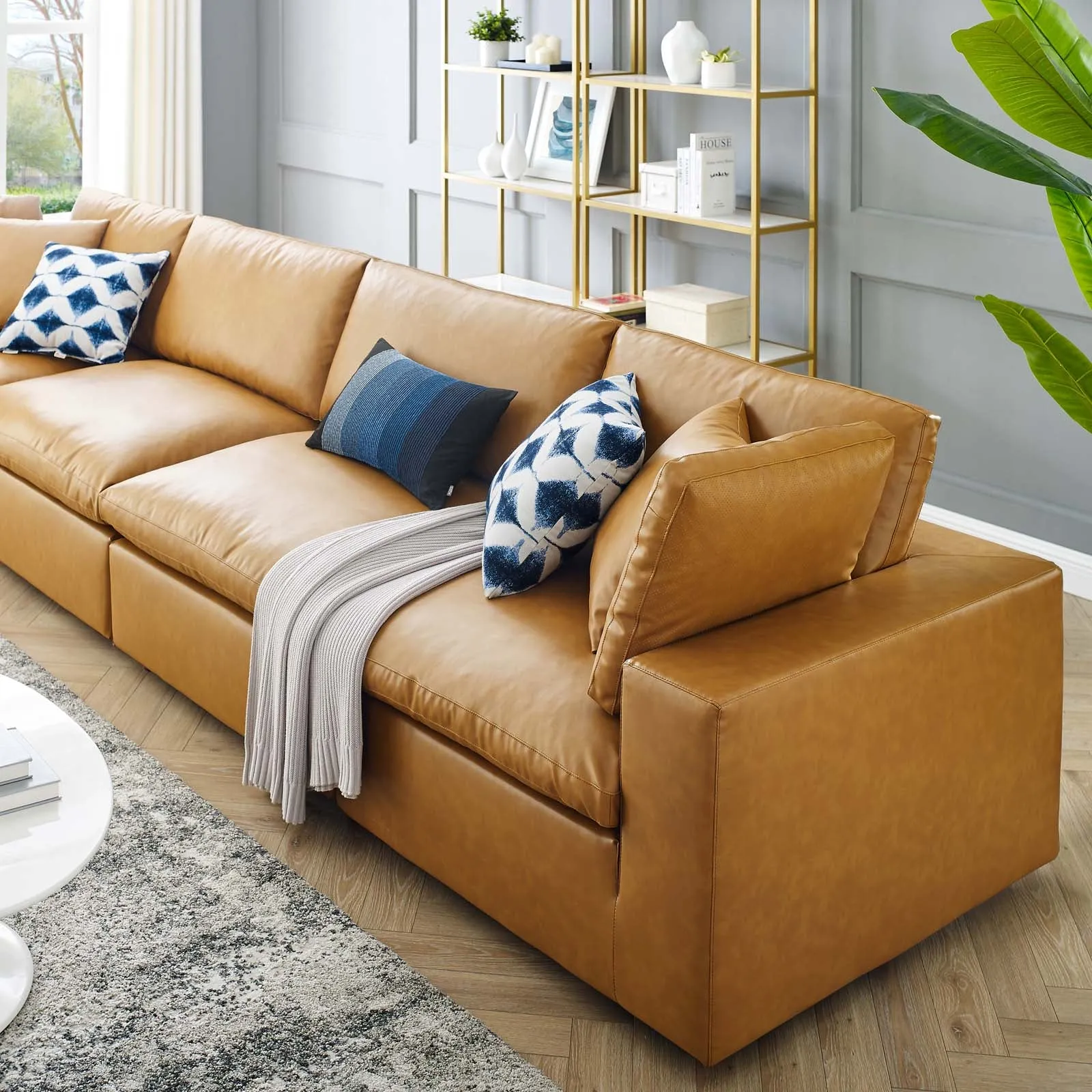 Commix Down Filled Overstuffed Vegan Leather 4-Seater Sofa Tan EEI-4916-TAN