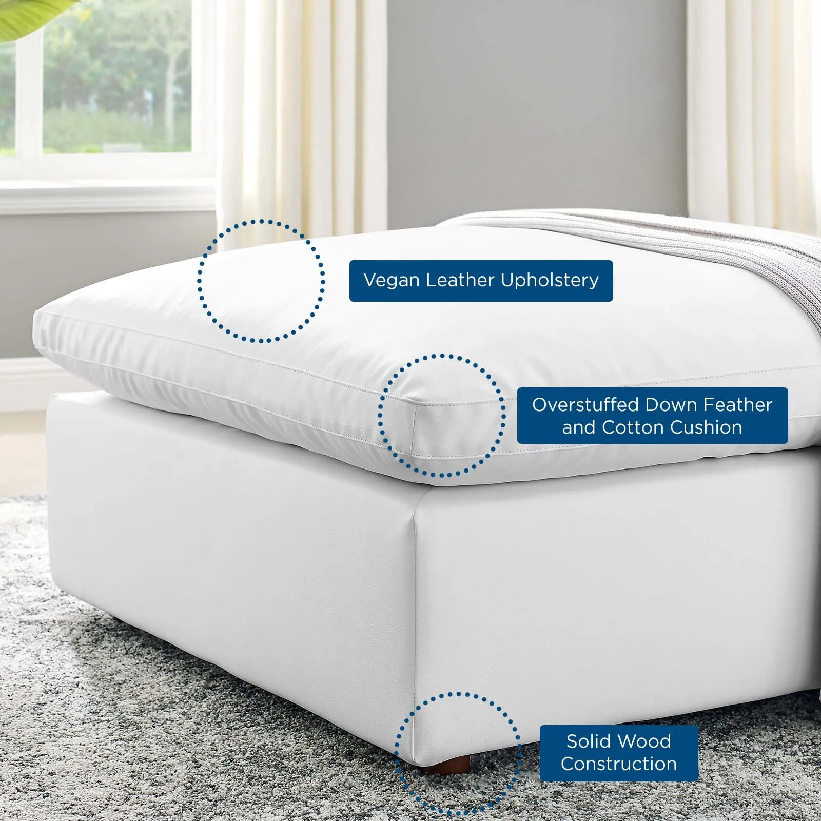 Commix Down Filled Overstuffed Vegan Leather Ottoman White EEI-4695-WHI