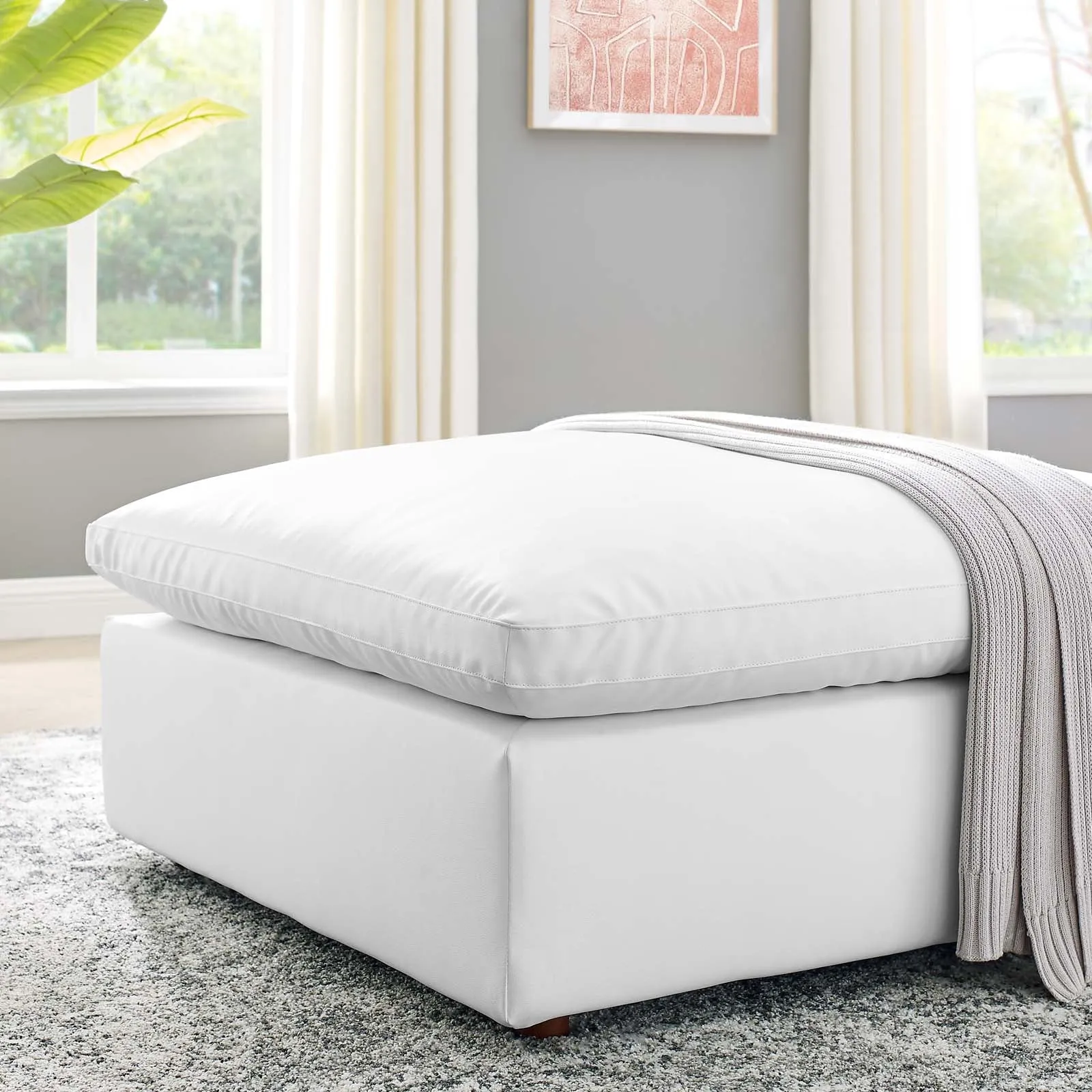 Commix Down Filled Overstuffed Vegan Leather Ottoman White EEI-4695-WHI