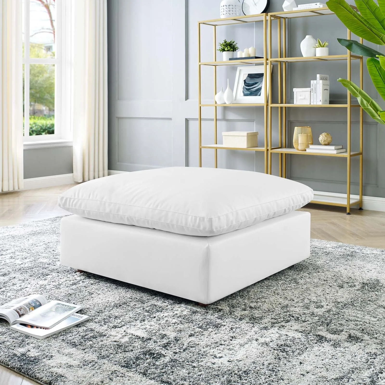 Commix Down Filled Overstuffed Vegan Leather Ottoman White EEI-4695-WHI