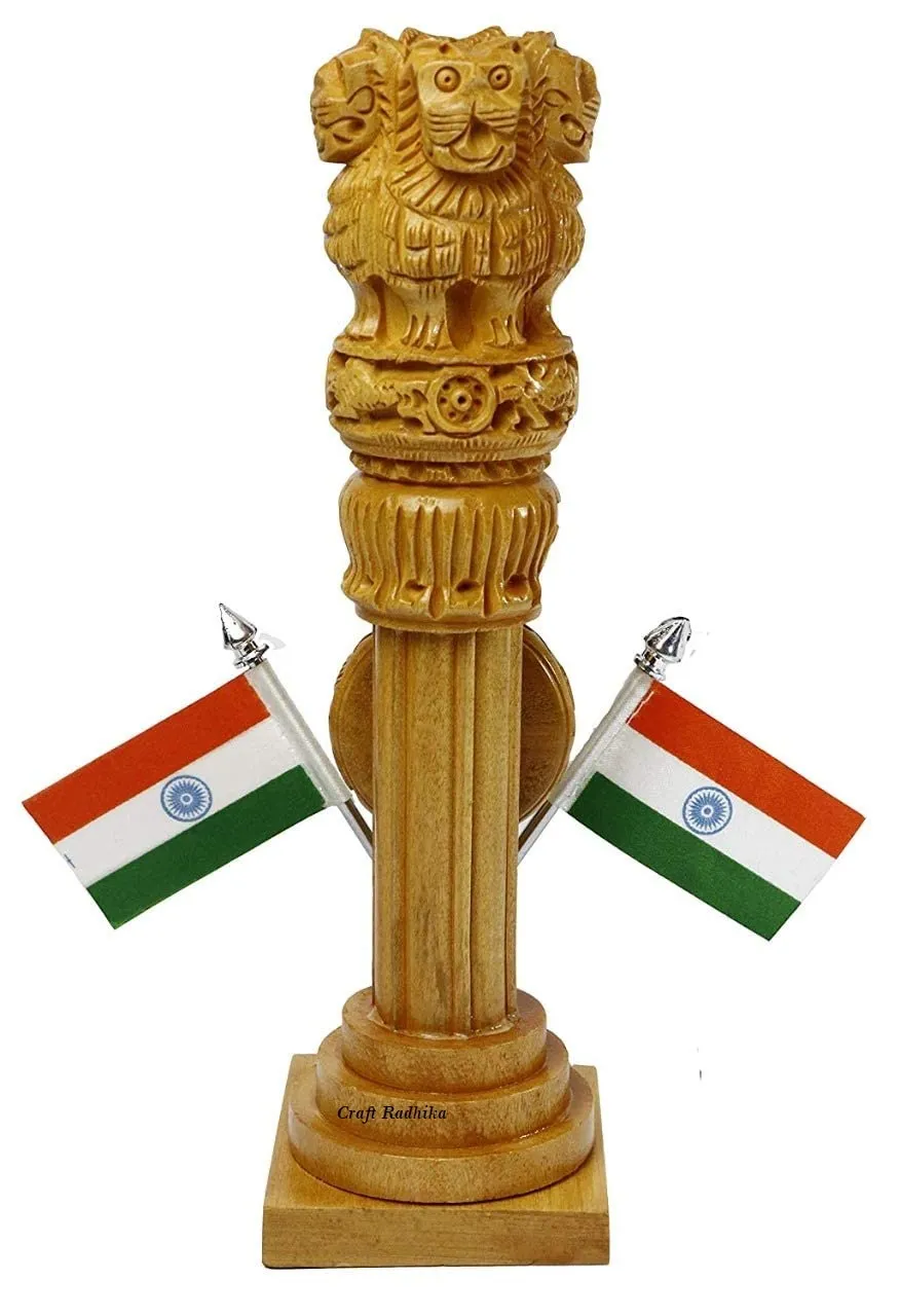 Craft Radhika Wooden Ashoka Pillar With 2 Flag clock For office/study table decroation, Desk organizers decorative gifts for friends, officers