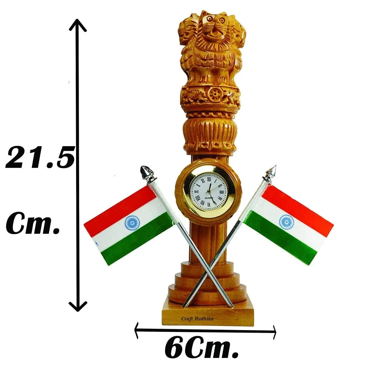 Craft Radhika Wooden Ashoka Pillar With 2 Flag clock For office/study table decroation, Desk organizers decorative gifts for friends, officers