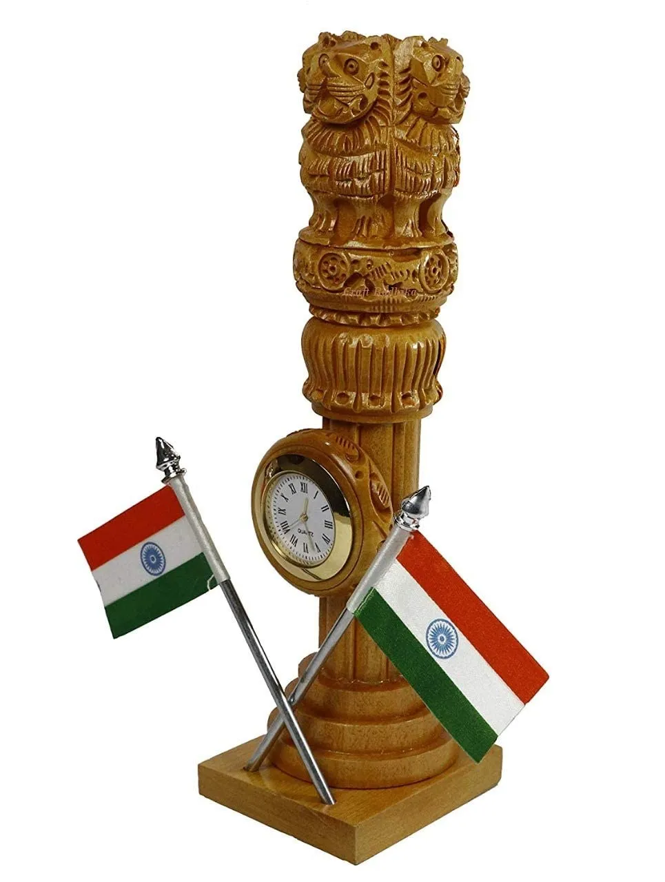 Craft Radhika Wooden Ashoka Pillar With 2 Flag clock For office/study table decroation, Desk organizers decorative gifts for friends, officers