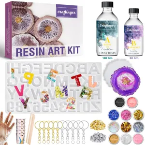 Craftinger DIY Resin Alphabet Keychain Making Kit with 200GM Epoxy Resin & Coaster Mould, Glitter Pigments and More