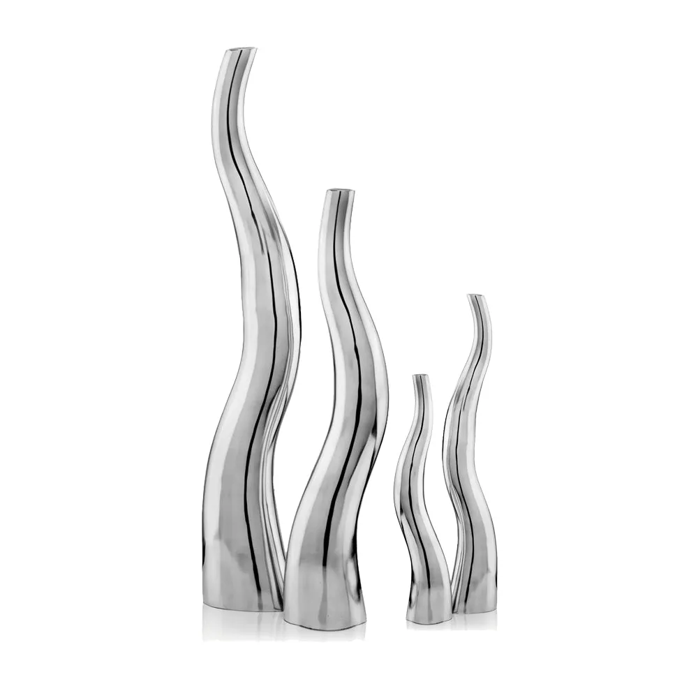 Curva Tall Set of 2, Silver, Aluminum, Contemporary, Modern, Wiggly, Popular, Glam, Floor Standing, Lg 6 32, Sm Vase: 5” x 3.5” x 24