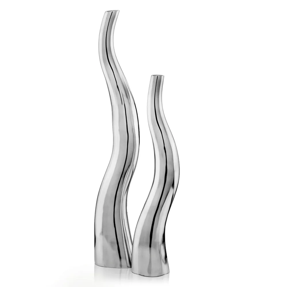 Curva Tall Set of 2, Silver, Aluminum, Contemporary, Modern, Wiggly, Popular, Glam, Floor Standing, Lg 6 32, Sm Vase: 5” x 3.5” x 24