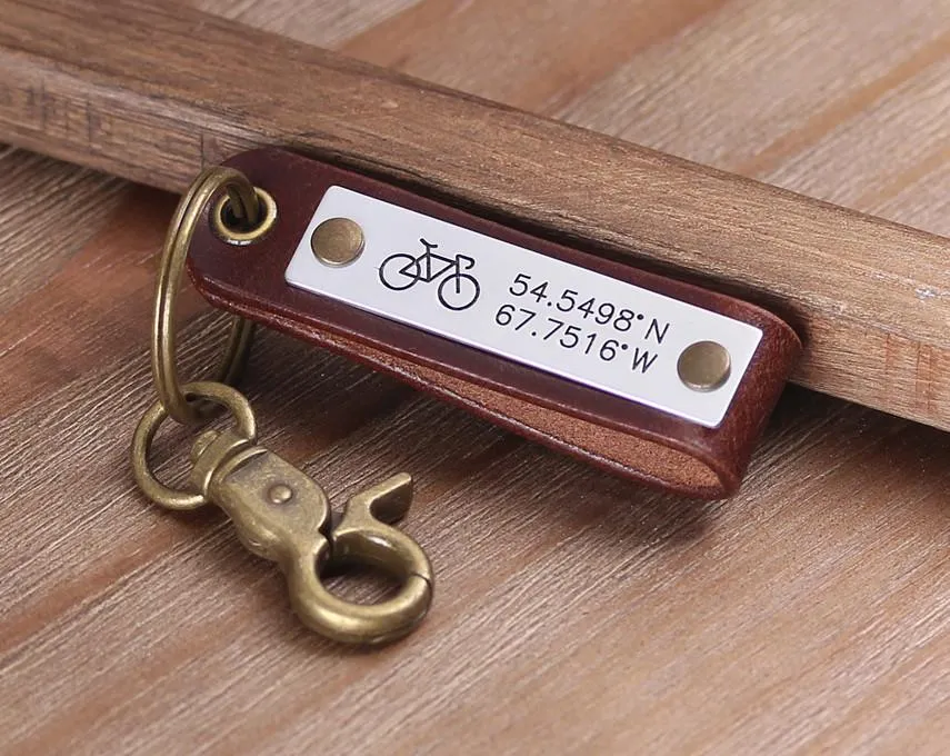 Custom Latitude Longitude Engraved Leather Keychain