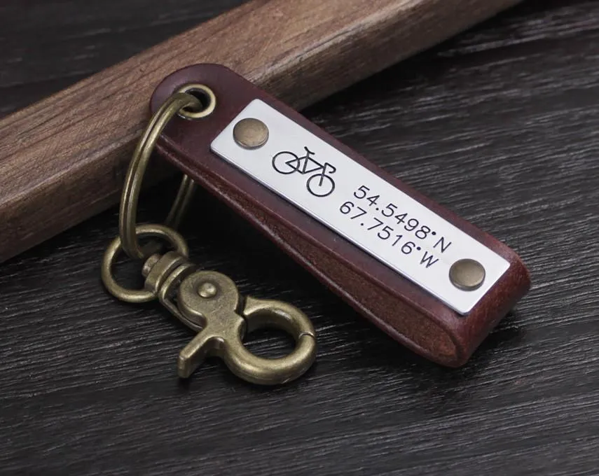 Custom Latitude Longitude Engraved Leather Keychain