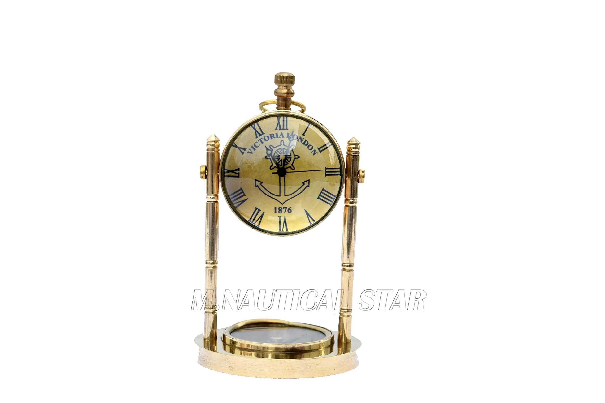 Desk Clock Shiny Brass with Compass Maritime Working Antique Look Upgraded Desk Clock