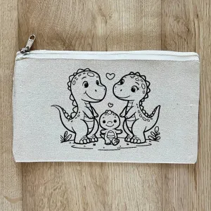 Diy Colouring Pouch | Dinosaur Family | Cotton Canvas | Off White