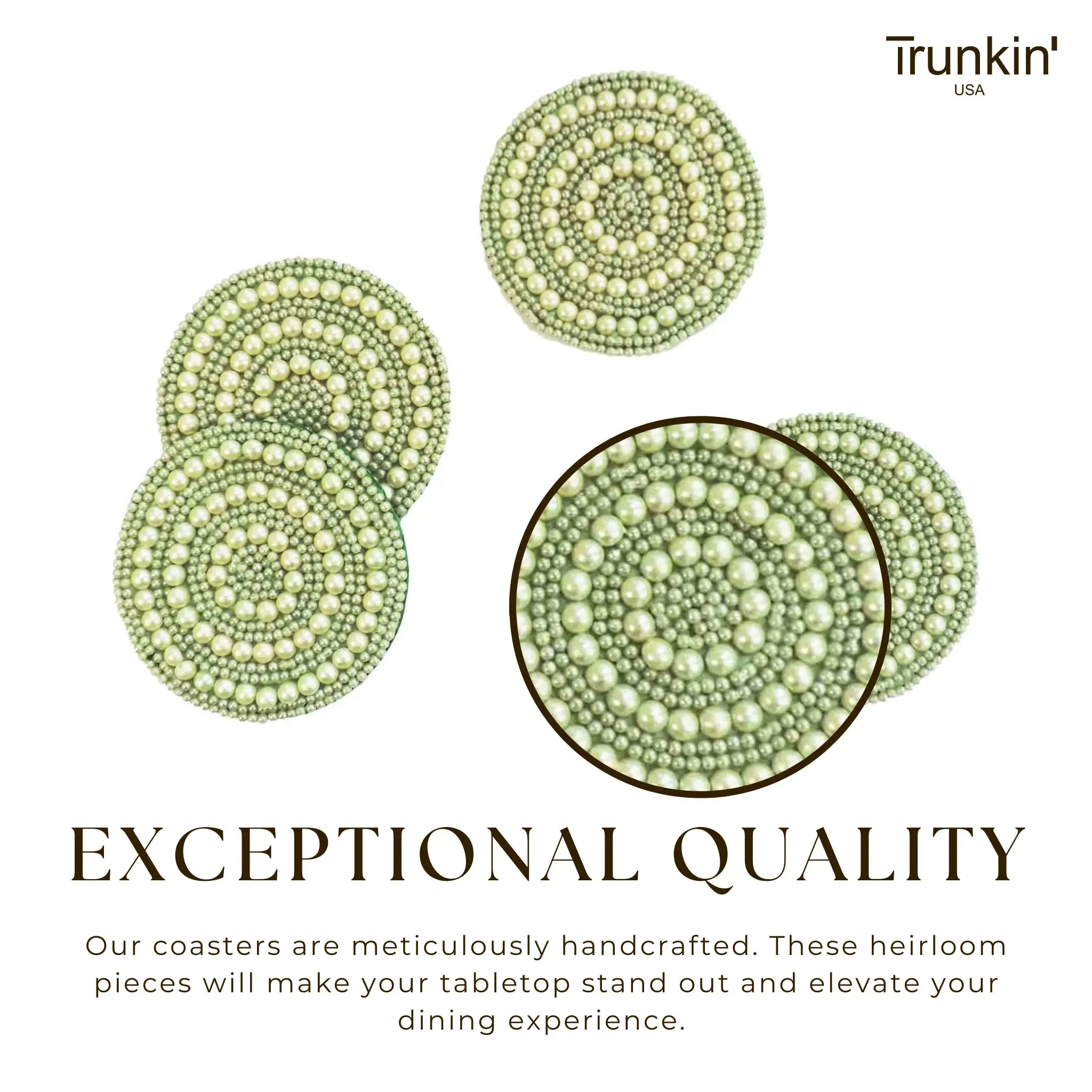 Full Circle Bead Embroidered Coaster in Light Green, Set of 4