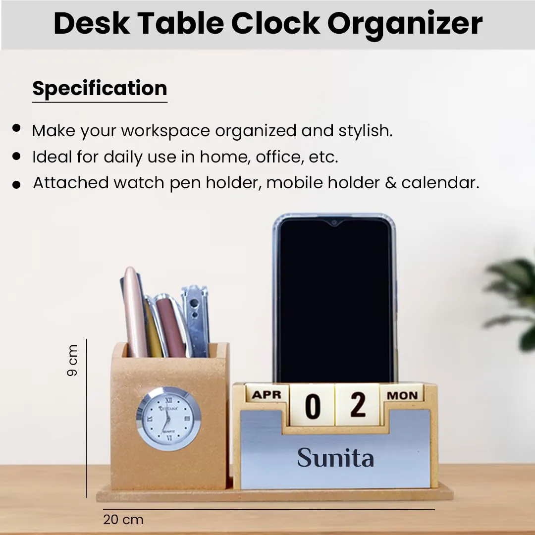 Giftana Personalized Pen Stand with Name, Table Clock and Calendar, Customized Desk Organizer for Doctors, CA Personalised Office Desk, Eco Friendly New Year Gifts for Employees (Beige, Silver)