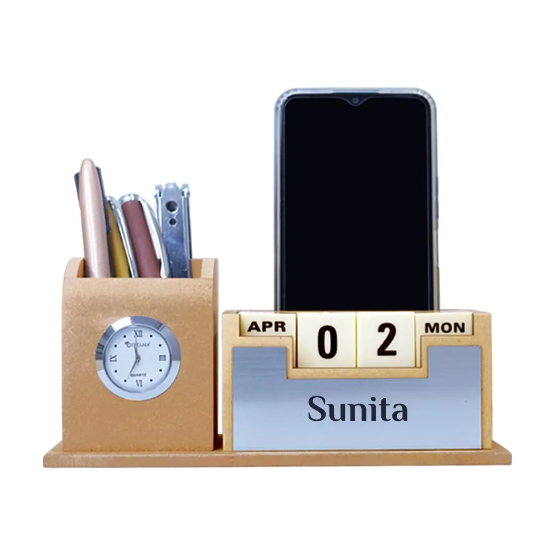 Giftana Personalized Pen Stand with Name, Table Clock and Calendar, Customized Desk Organizer for Doctors, CA Personalised Office Desk, Eco Friendly New Year Gifts for Employees (Beige, Silver)