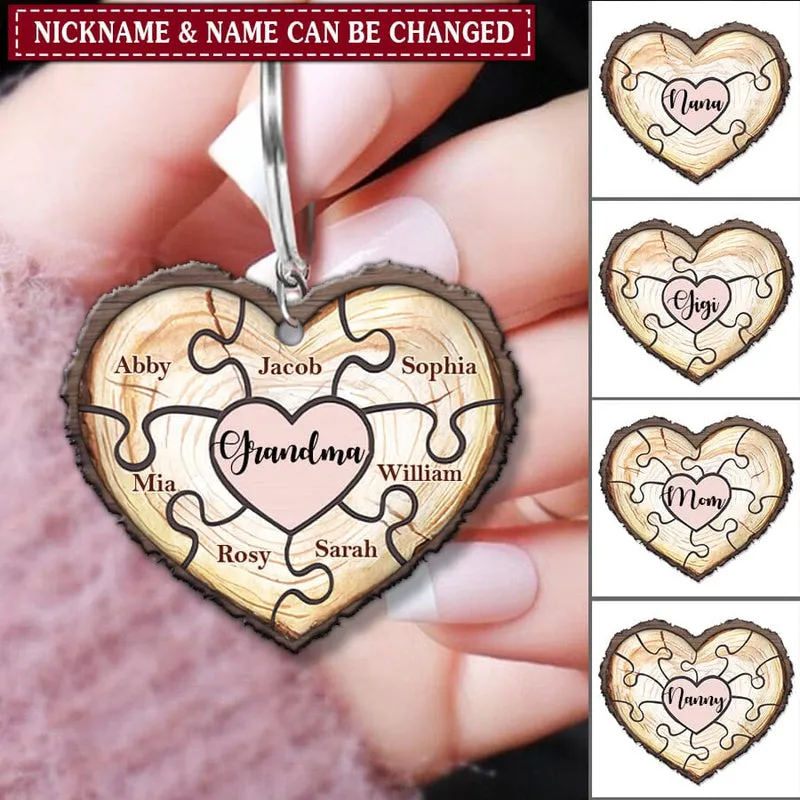 Grandma Love Heart Personalized Wooden Keychain, Personalized Wooden Keychain