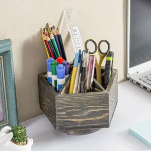 Gray Solid Wood Geometric Pentagon Shape Pen Holder and Office Stationery Storage Organizer