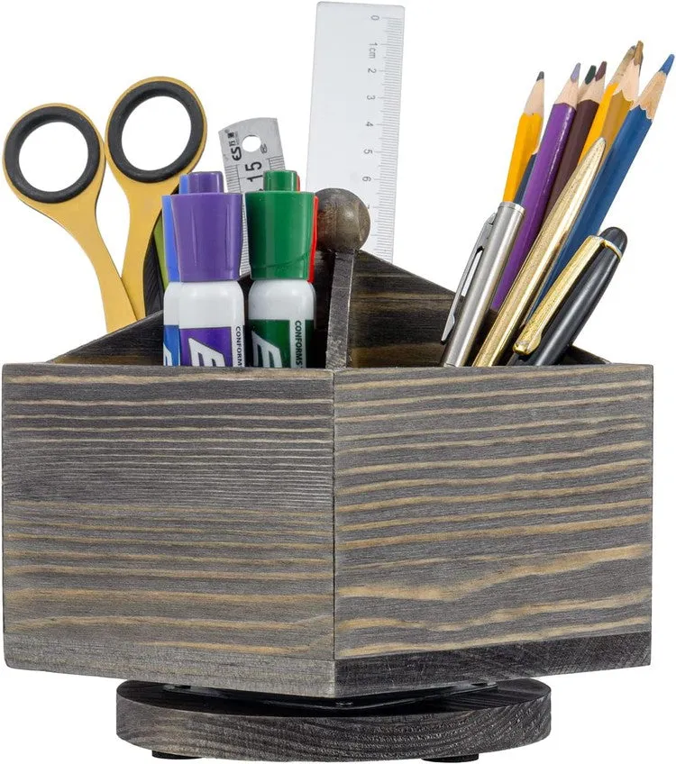 Gray Solid Wood Geometric Pentagon Shape Pen Holder and Office Stationery Storage Organizer