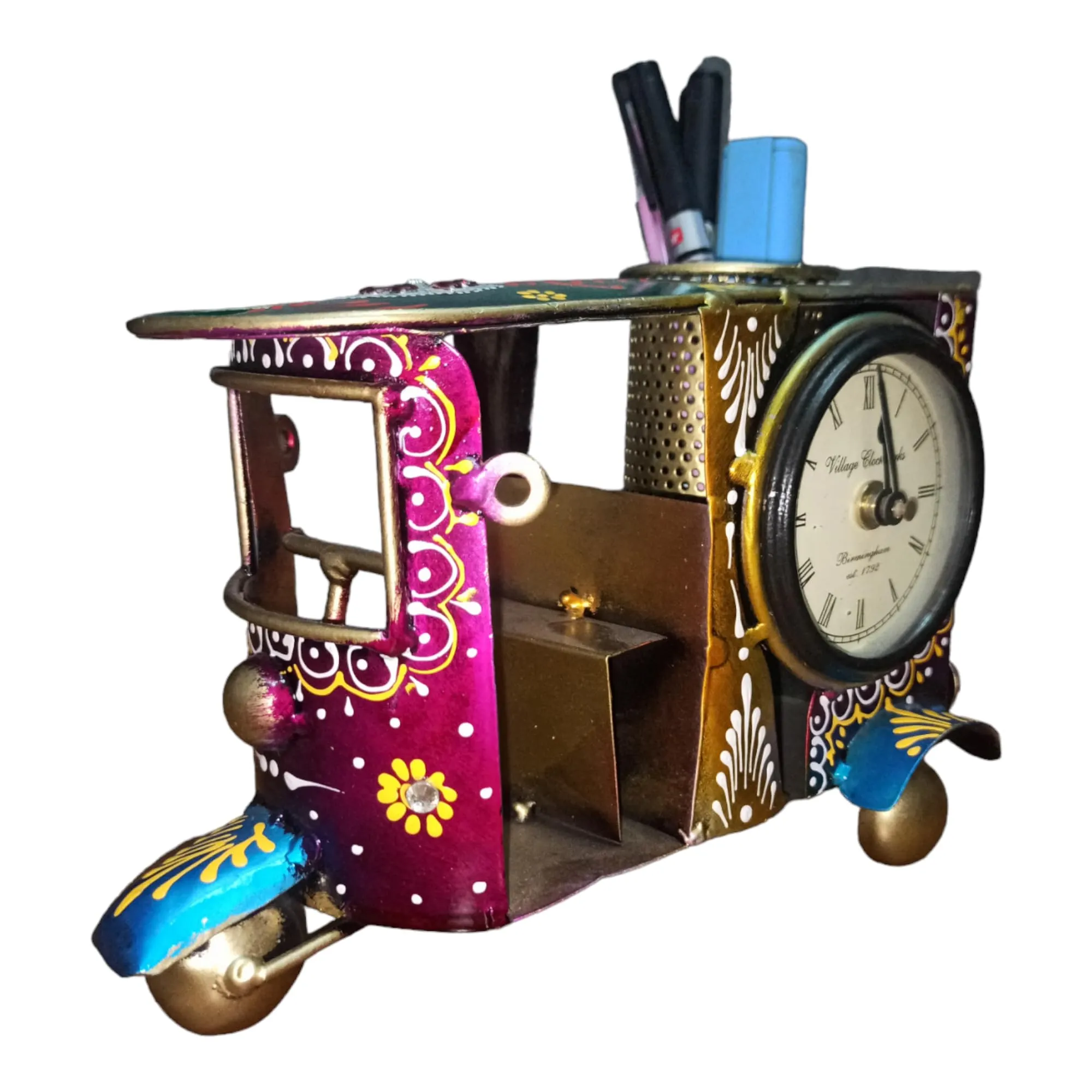 Handcrafted Metal Rickshaw Desk Set - Pen Holder and 3" Clock