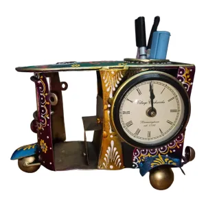 Handcrafted Metal Rickshaw Desk Set - Pen Holder and 3" Clock