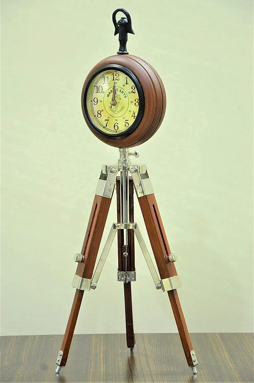 Handmade Designer Brown Finish Round Wooden Clock Tripod Adjustable Clock for Home and Office Decor