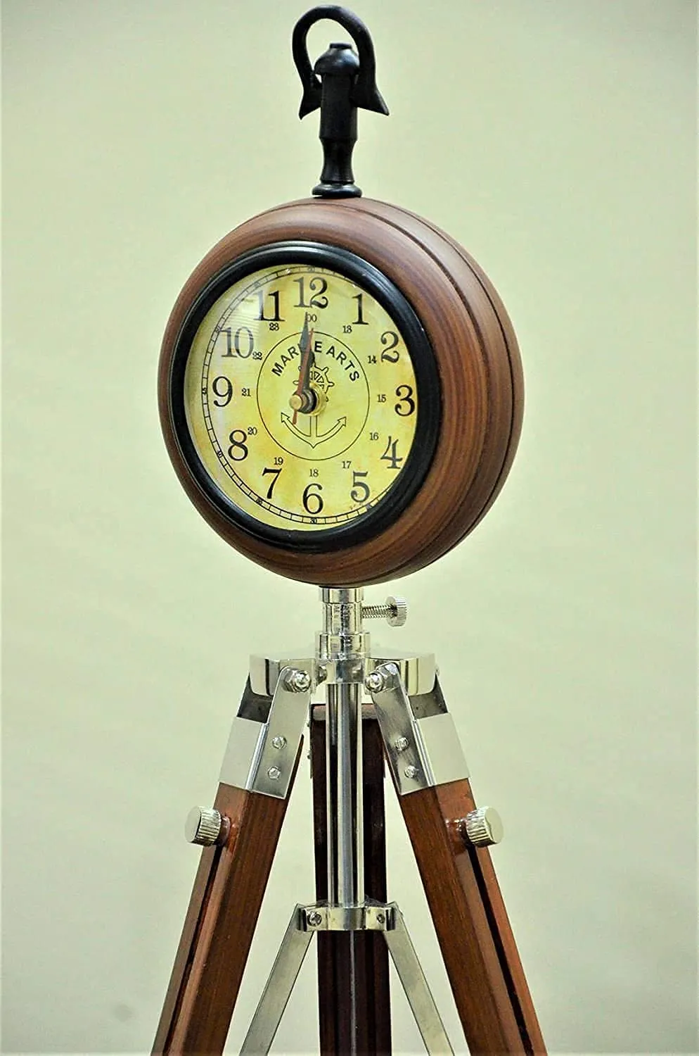 Handmade Designer Brown Finish Round Wooden Clock Tripod Adjustable Clock for Home and Office Decor