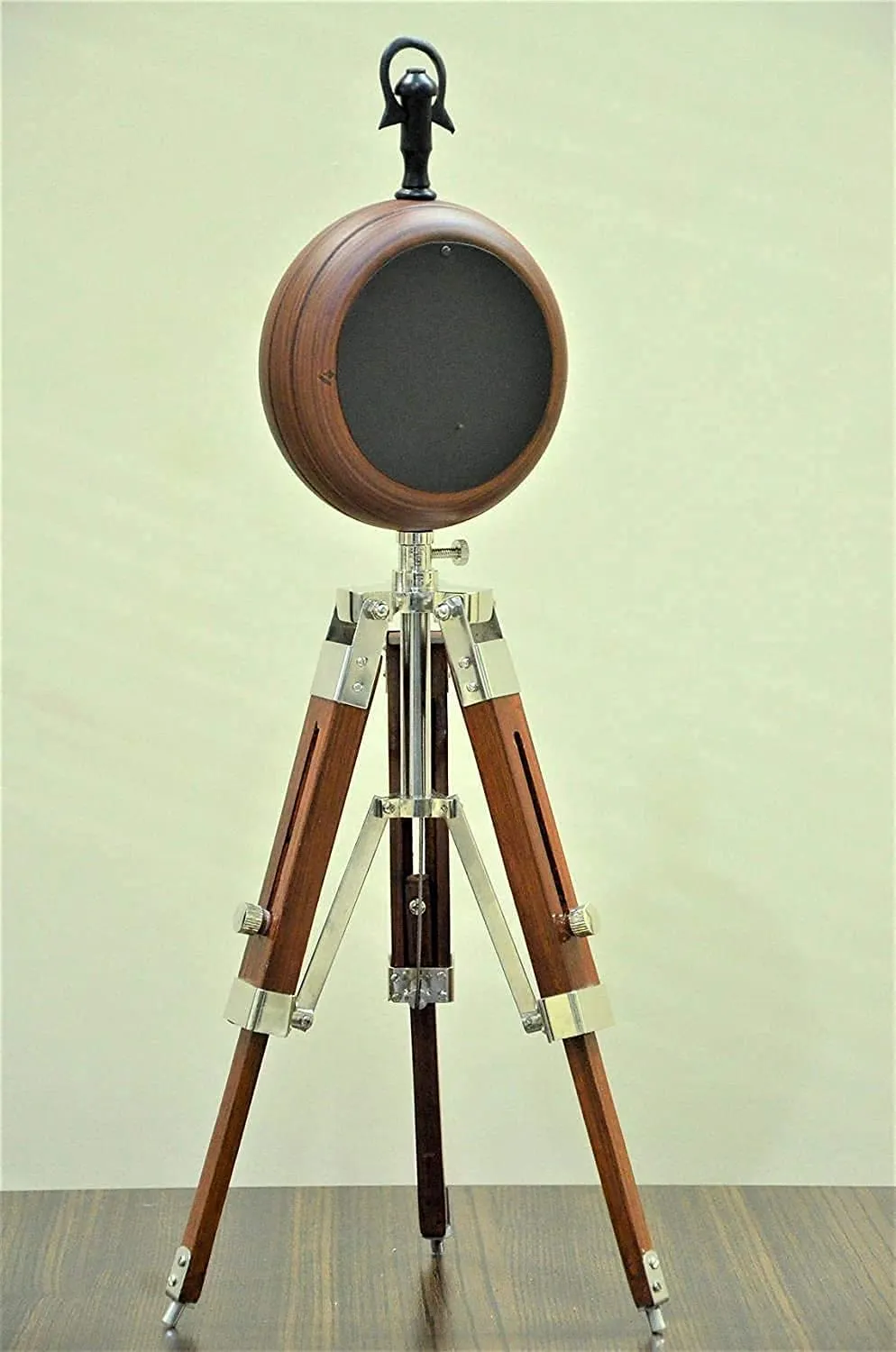 Handmade Designer Brown Finish Round Wooden Clock Tripod Adjustable Clock for Home and Office Decor