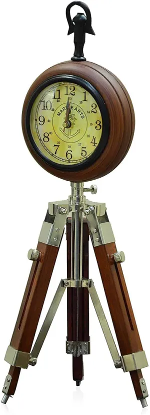 Handmade Designer Brown Finish Round Wooden Clock Tripod Adjustable Clock for Home and Office Decor