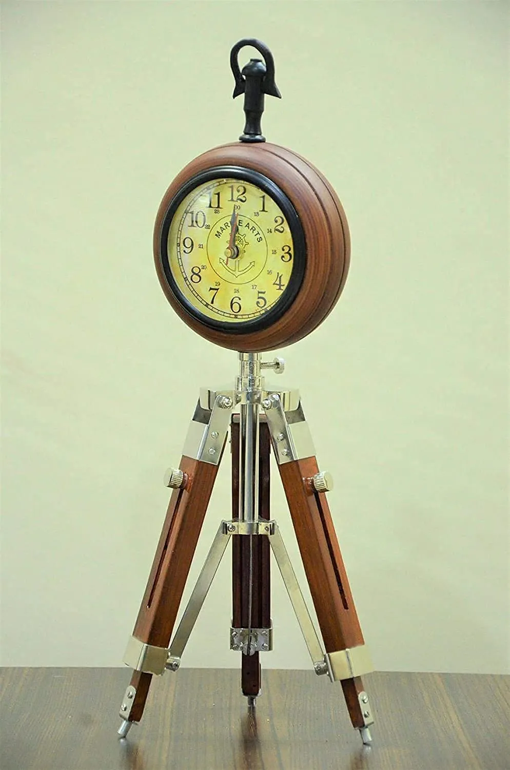 Handmade Designer Brown Finish Round Wooden Clock Tripod Adjustable Clock for Home and Office Decor