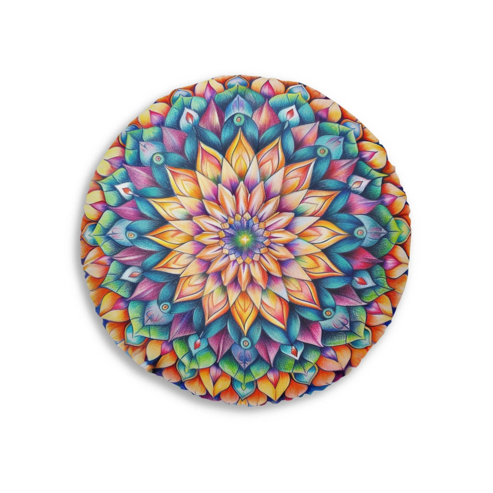 Handmade Mandala Art Floor Cushion - Colorful Tufted Round Pillow