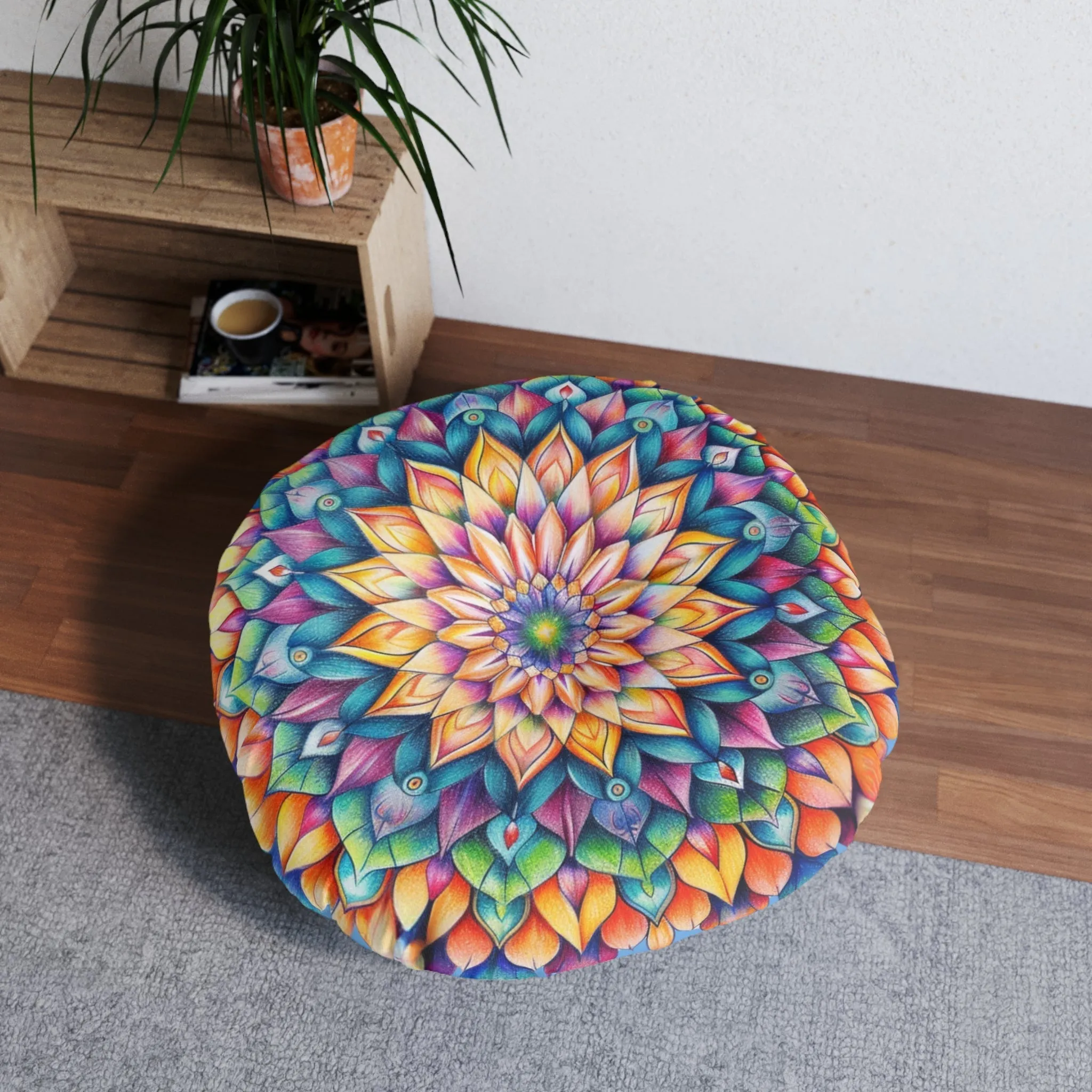 Handmade Mandala Art Floor Cushion - Colorful Tufted Round Pillow