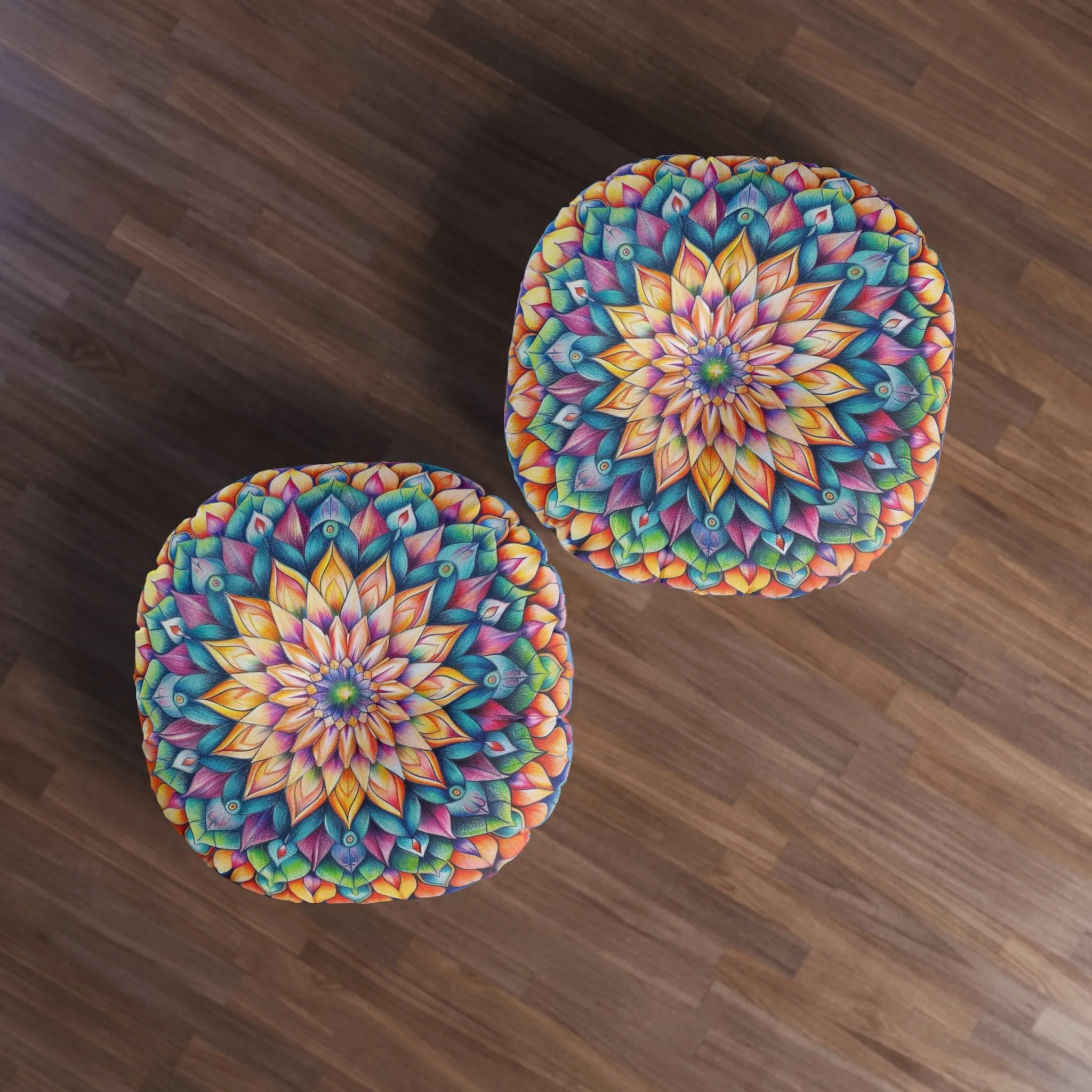 Handmade Mandala Art Floor Cushion - Colorful Tufted Round Pillow