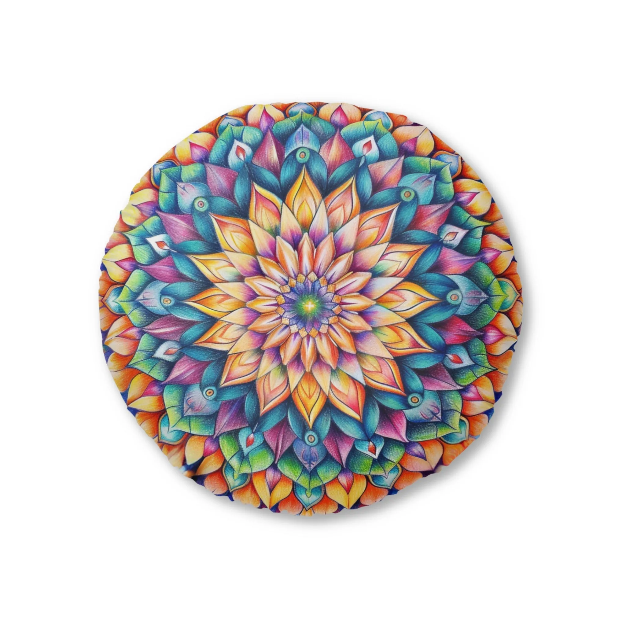 Handmade Mandala Art Floor Cushion - Colorful Tufted Round Pillow