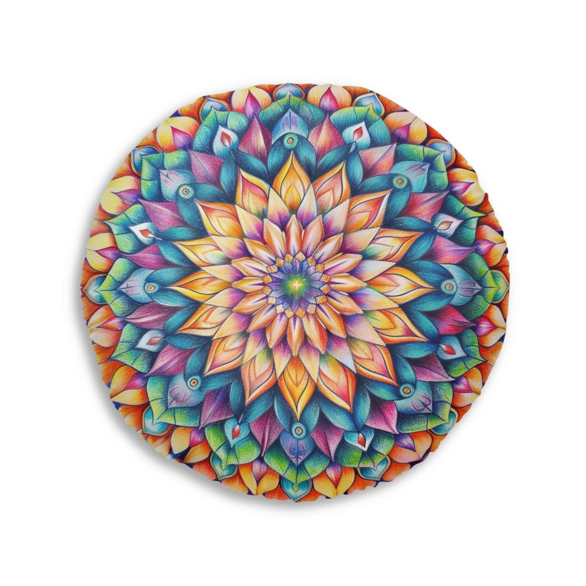 Handmade Mandala Art Floor Cushion - Colorful Tufted Round Pillow