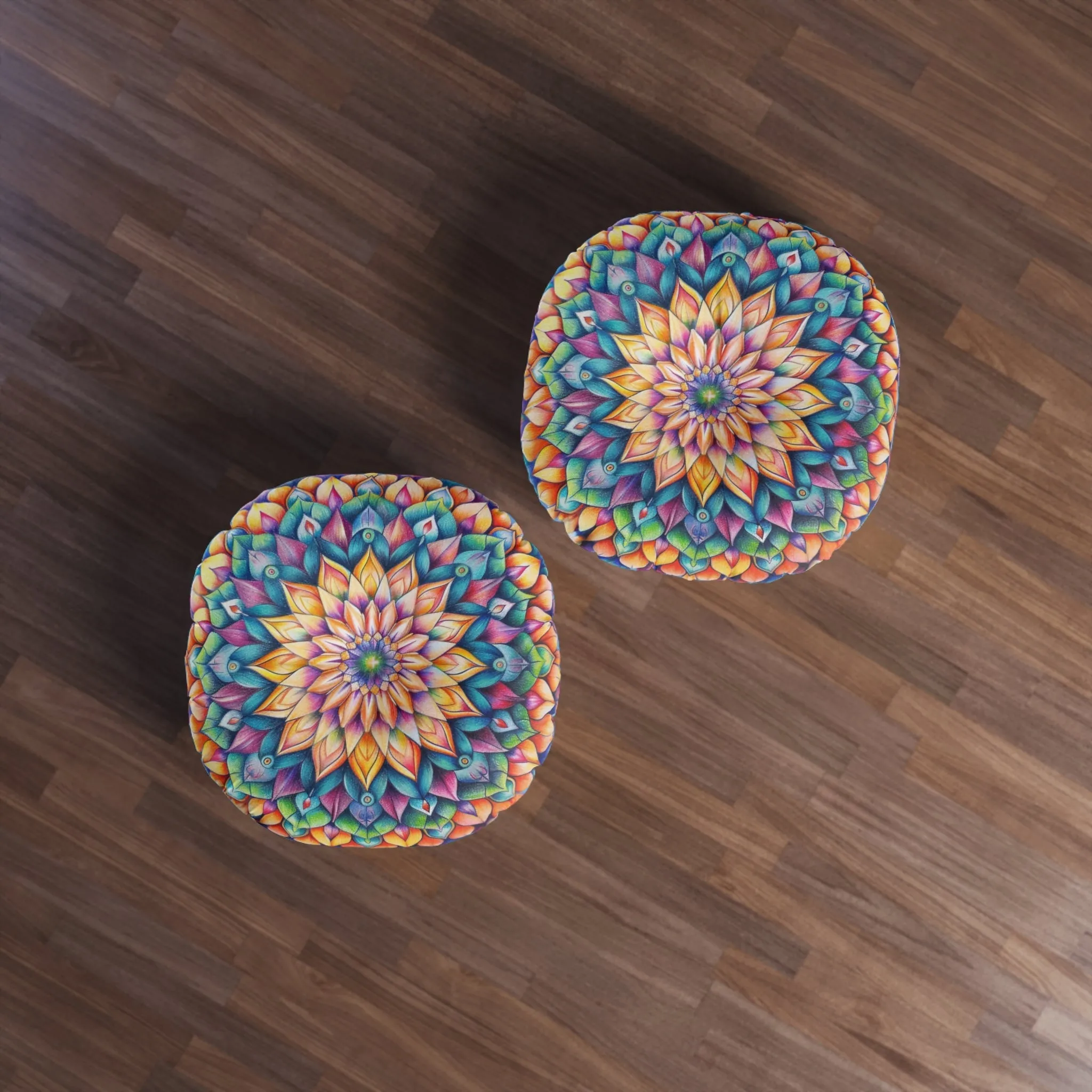 Handmade Mandala Art Floor Cushion - Colorful Tufted Round Pillow