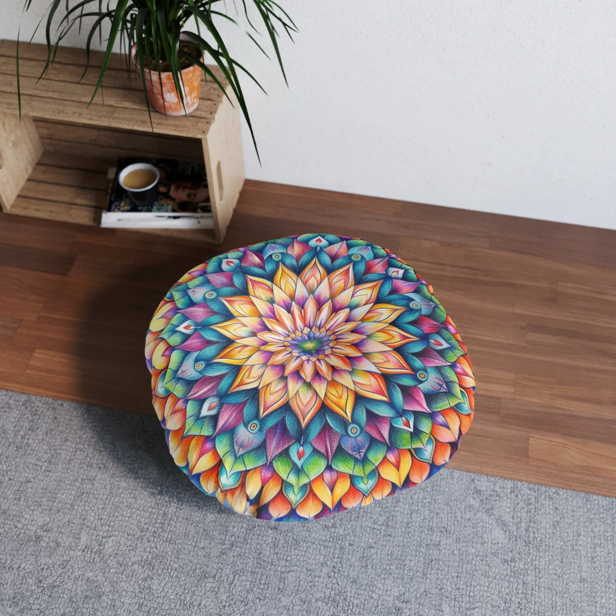 Handmade Mandala Art Floor Cushion - Colorful Tufted Round Pillow